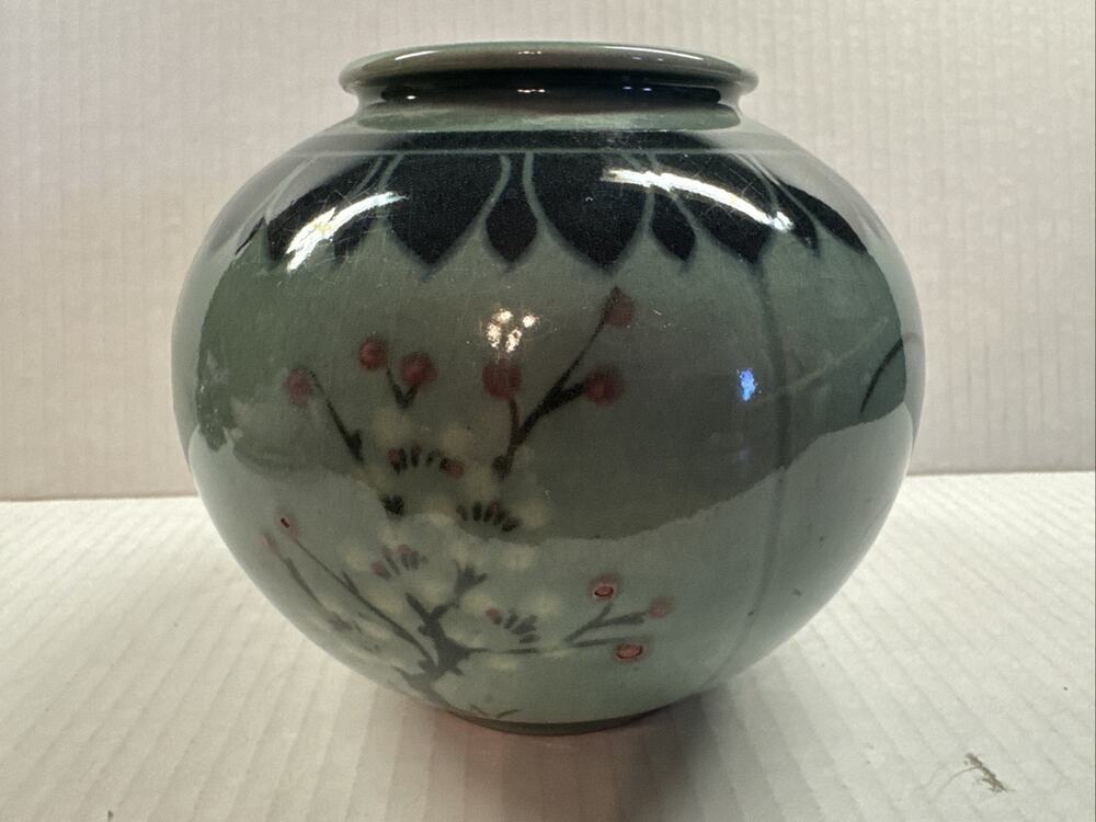 Hand Painted Celadon Studio Pottery Vase Green Crackle Glaze Floral Asian Signed